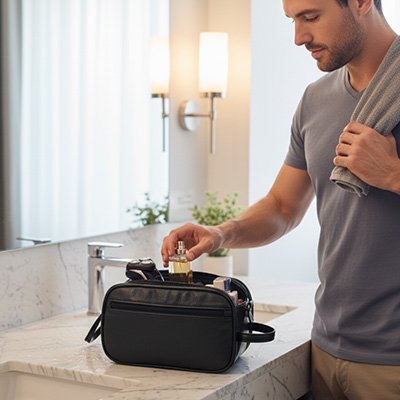 Trousse de toilette homme organisateur de produits de toilette de salle de bain résistant à l'eau, sacs à cosmétiques en cuir PU, noire