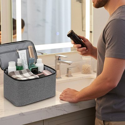 Trousse de toilette homme rectangulaire design léger, grande capacité, grande poignée centrale, gris