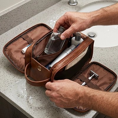 Trousse de toilette marron, en simili cuir multi-poches, sac suspendu étanche, poignée latérale, compartiments