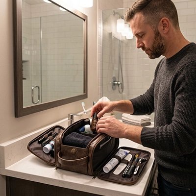 Trousse de toilette marron foncé, en simili cuir multi-poches, sac suspendu étanche, poignée latérale, compartiments