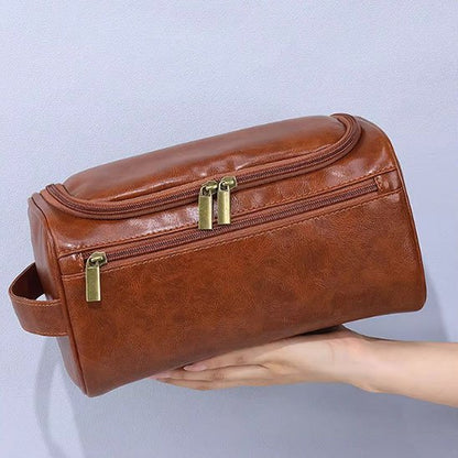 Trousse de toilette marron légère fonctionnelle et grand format avec poche latérale et plusieurs compartiments