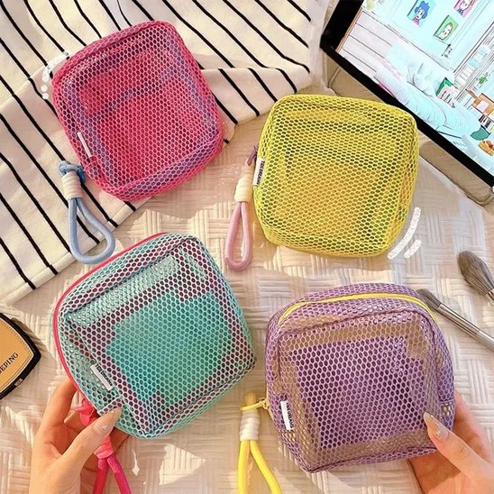 Trousse de toilette mini pochette carrée en maille transparente, 4 coloris 
