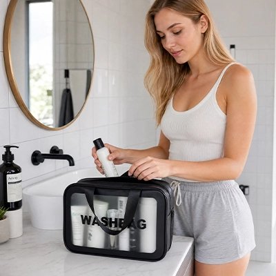 Trousse de toilette, noire, face transparente, imperméable, inscription "WASHBAG", fermeture éclair, deux poignées latérales 