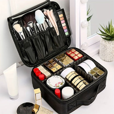Trousse de toilette noire, rectangulaire, poignée souple, séparations, miroir intégré, sangle de retenue rose velcro