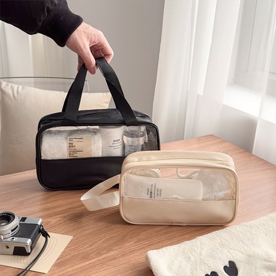Trousse de toilette organisateur de maquillage à grande capacité noire avec fenêtre transparente 