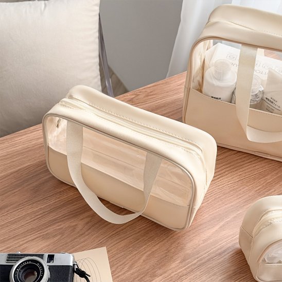 Trousse de toilette organisateur de maquillage à grande capacité rose avec fenêtre transparente et poignée