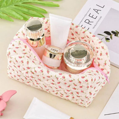 Trousse de toilette Organisateur de rangement, sac de maquillage matelassé bouffant à fleurs roses