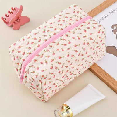 Trousse de toilette Organisateur de rangement, sac de maquillage matelassé bouffant à fleurs, fermeture rose