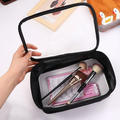 Trousse de toilette rectangulaire avec anneau de portage, noire, à fermeture, transparente sur le dessus