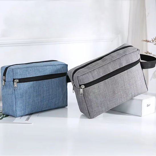 Trousse de toilette rectangulaire grise et bleu fermeture éclair noire 
