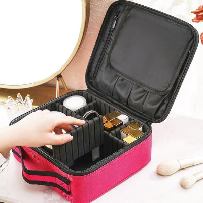 Trousse de toilette rectangulaire, poignée souple, séparations, miroir intégré, sangle de retenue rose velcro