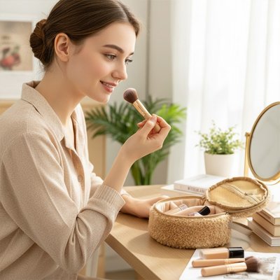 Trousse de toilette ronde en peluche marron avec poignée