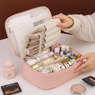 Trousse de toilette rose foncé, rectangle, compacte avec compartiments, filet de rangement