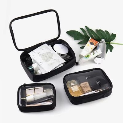 Trousse de toilette transparente sur le dessus, trois tailles différentes, avec anneau de portage
