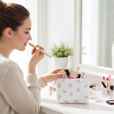 Trousse maquillage blanche en coton matelassé en motif petit nœud rose
