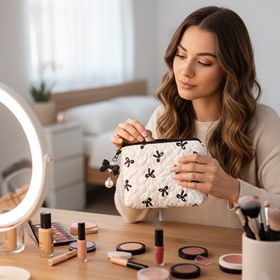 Trousse maquillage blanche en coton matelassé en motif petit nœud noir
