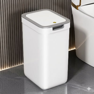 vue de face poubelle rectangulaire blanche design minimaliste pour toilettes